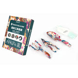 Garden tool set including garden shovel, three-tine rake, pruning shears, and protective gloves