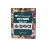 Garden tool set including garden shovel, three-tine rake, pruning shears, and protective gloves